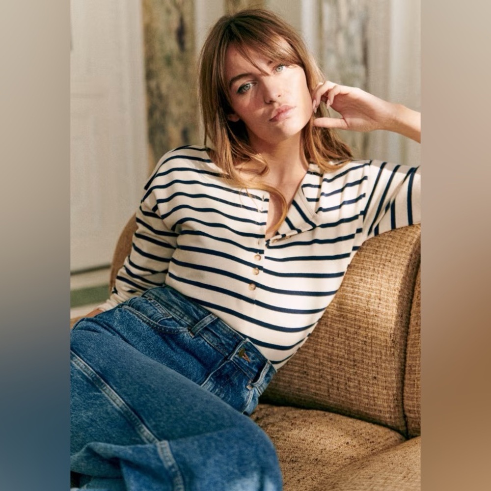 nwot SEZANE Gatsby Mariniere Ecru Navy Stripe Cotton Top XXXL